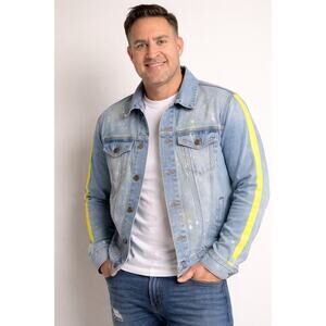 KDNK Men’s Paint Splatter Denim Jacket Neon Stripe Medium NWT Stretch